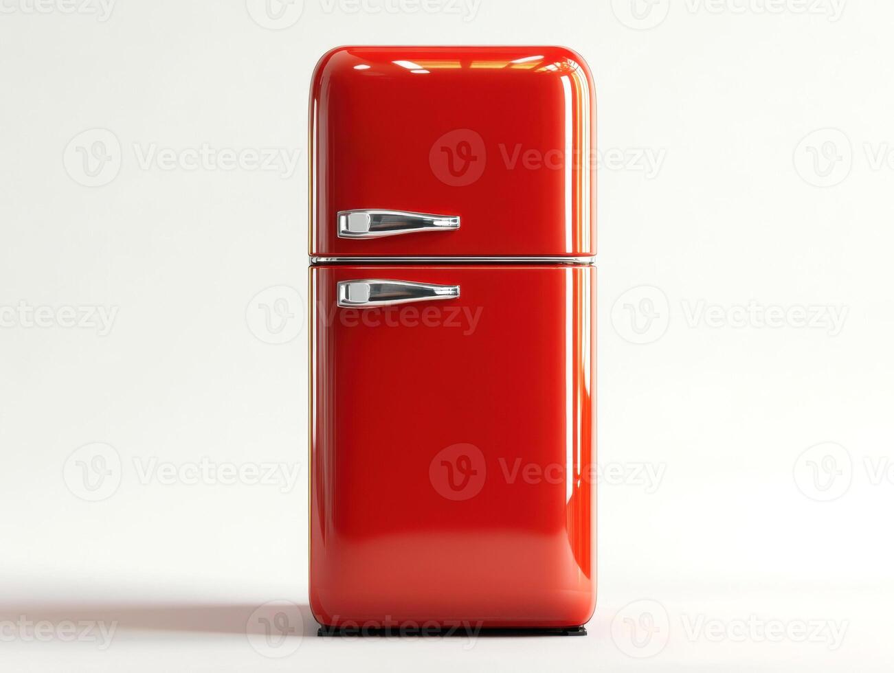 Bright red refrigerator showcased against a neutral background photo