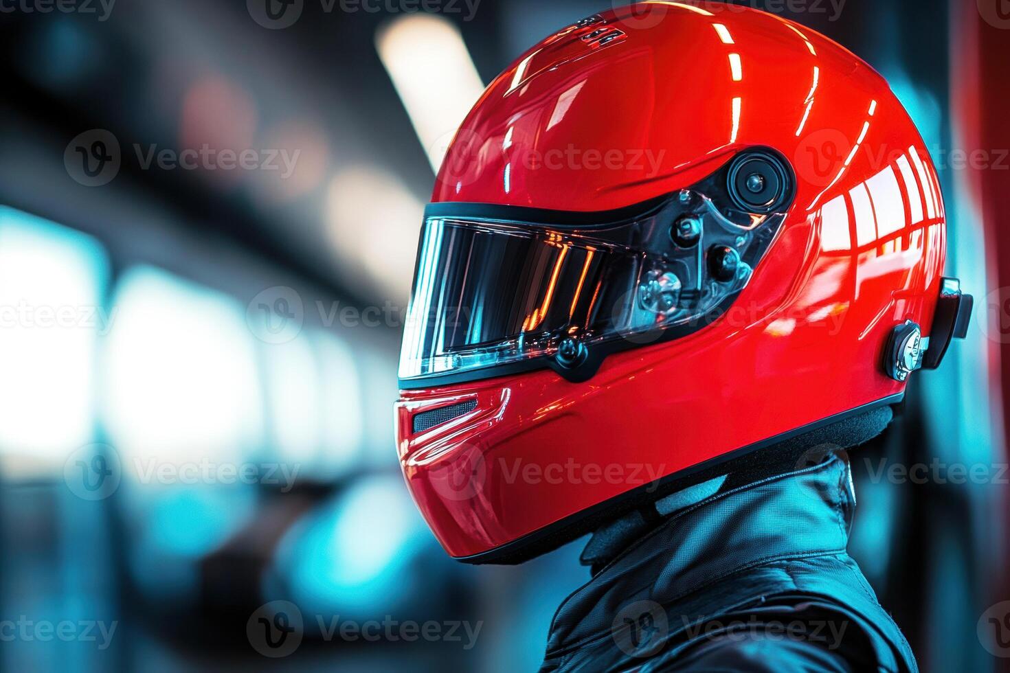Bright red racing helmet worn by driver in a modern setting photo