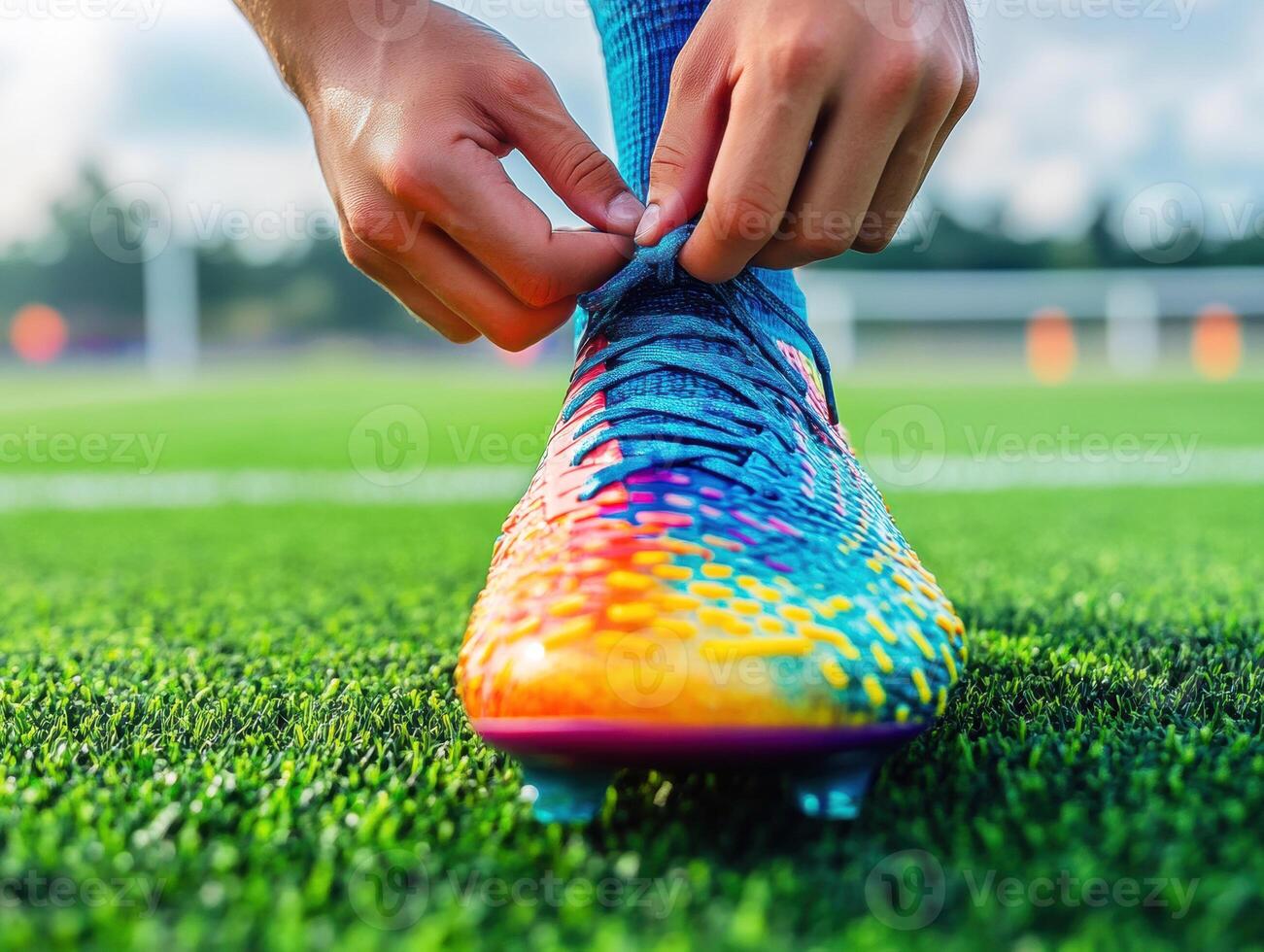 Player prepares for match by tying shoelaces on vibrant soccer cleats photo