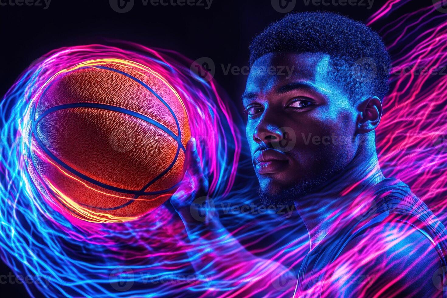 Dynamic basketball player showcasing skills with vibrant lights photo