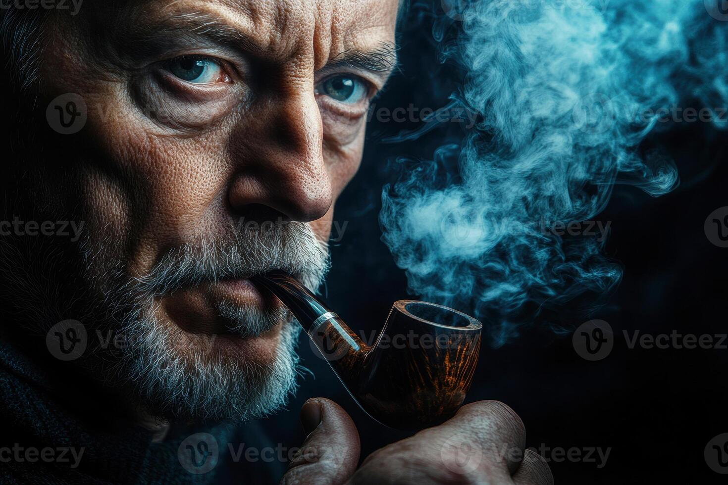 Elderly man with pipe exuding confidence and mystery photo