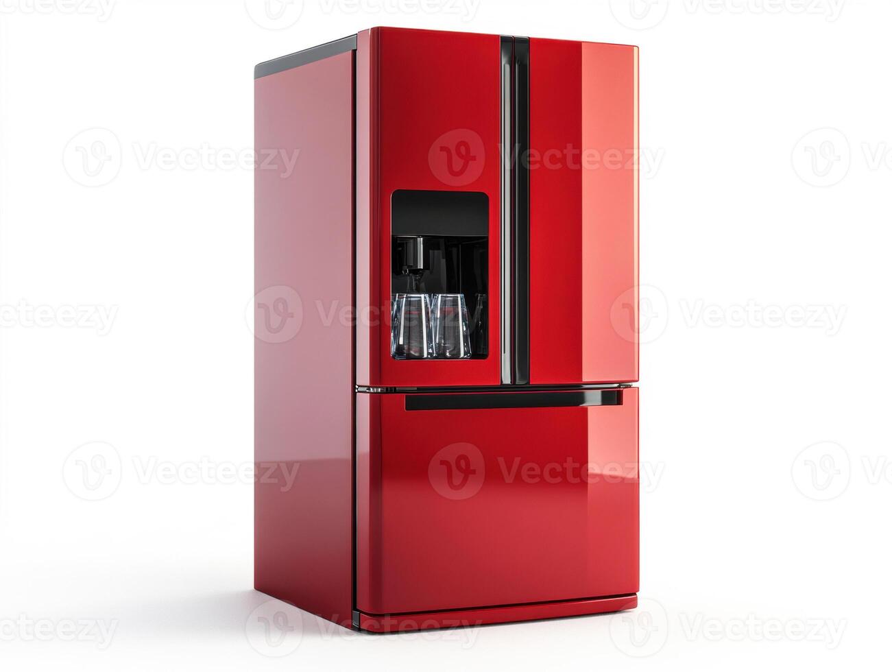 Modern red refrigerator with ice and water dispenser for kitchen photo