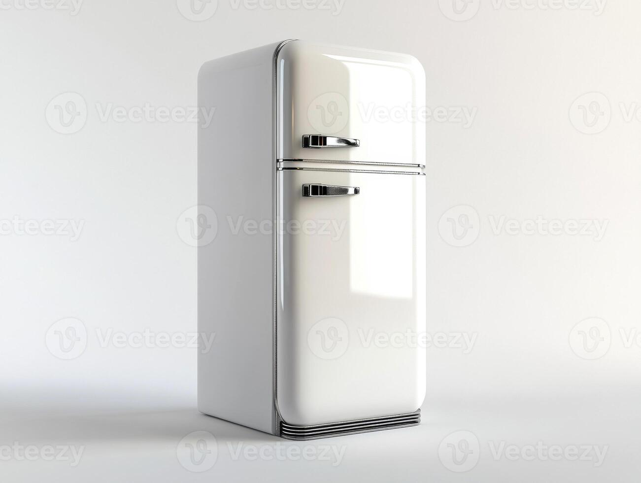Retro-style white refrigerator standing on a plain background photo
