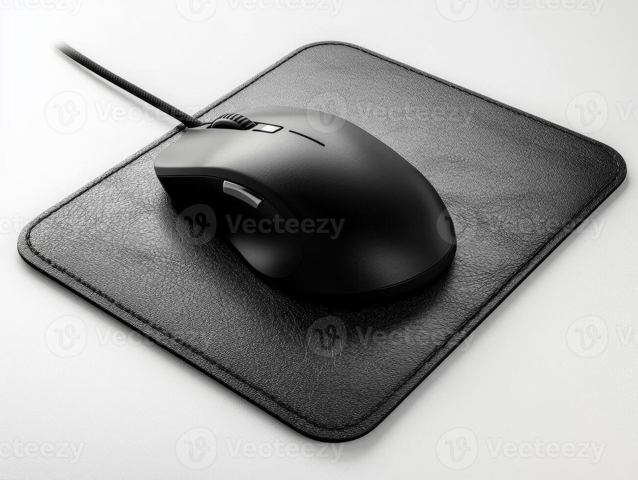 Black computer mouse on leather mouse pad in a workspace photo