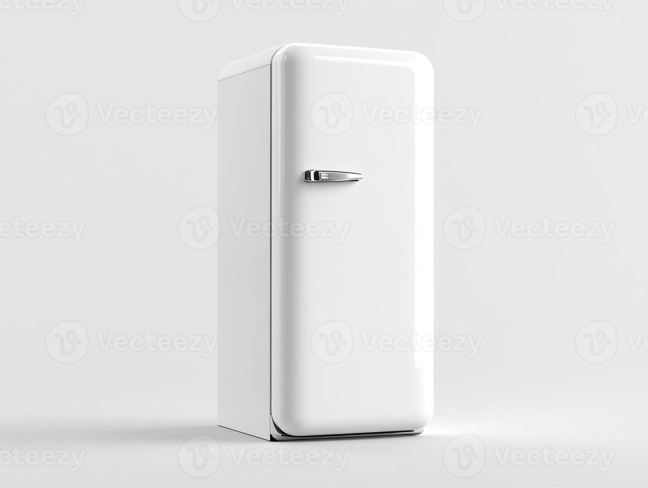 Modern white refrigerator standing against a light background photo