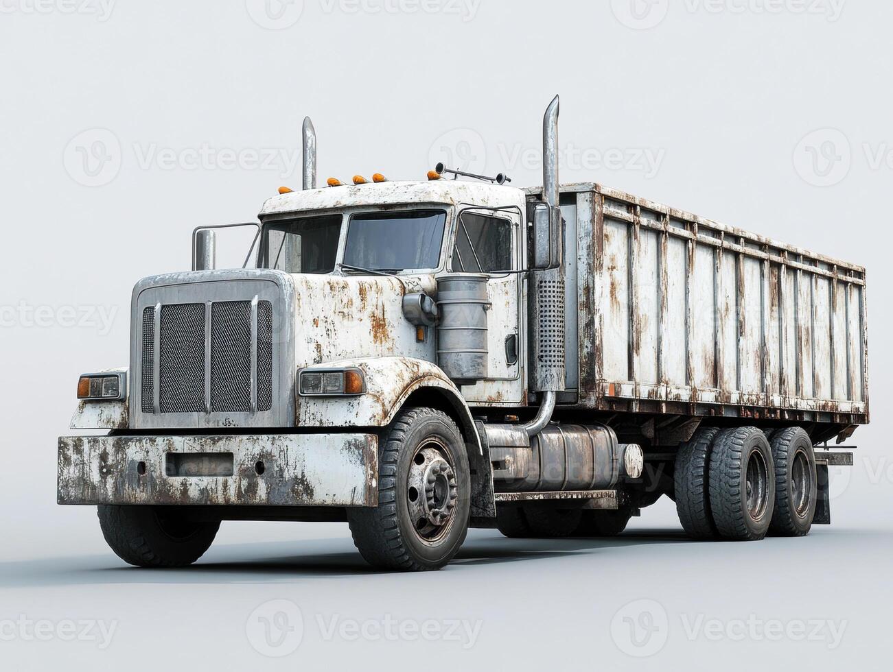 Old rusty dump truck parked against a neutral background photo