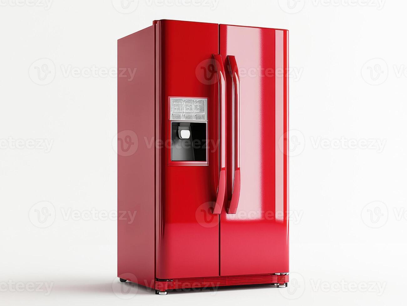 Red refrigerator with side-by-side doors and water dispenser photo