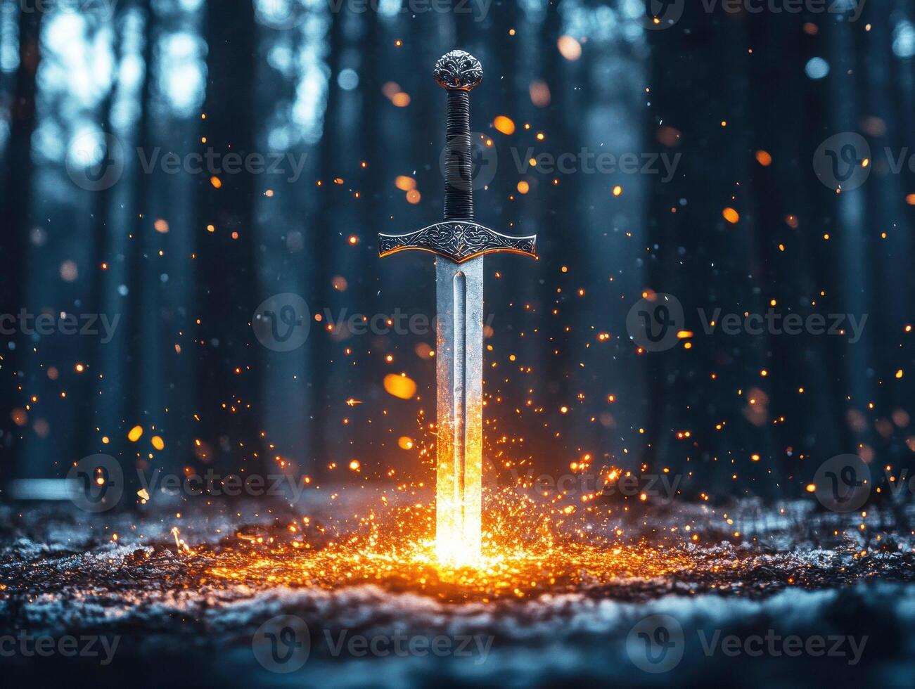 Mystical sword surrounded by glowing sparks in dark forest photo