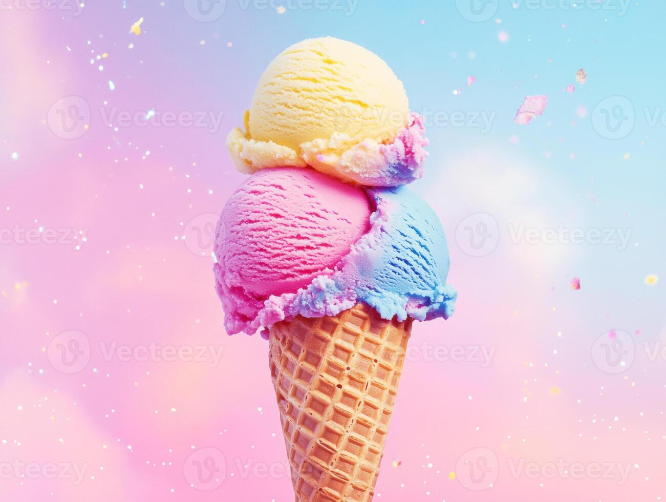 Vibrant ice cream cone with pastel colors against a dreamy background photo