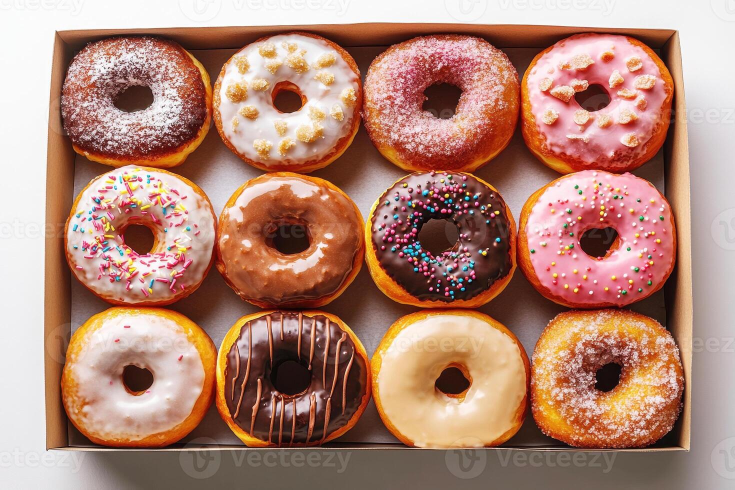 Colorful donuts arranged in a box at a bakery photo