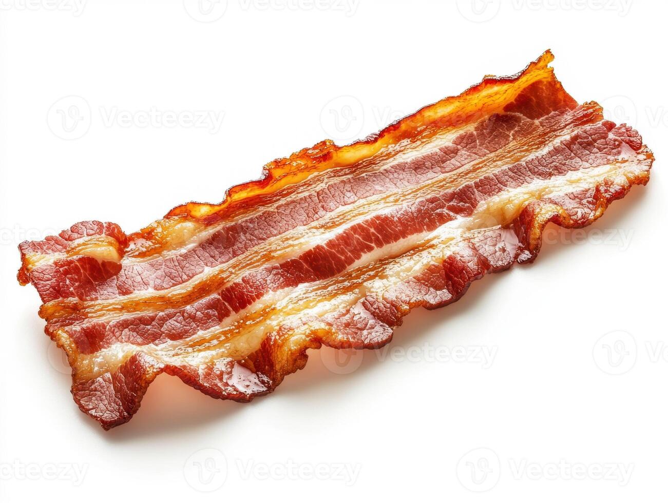 Crispy bacon slice on white background highlighting texture and color photo