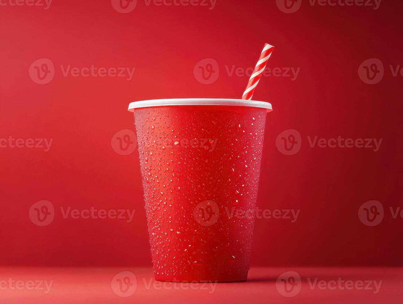 Bright red cup with straw and condensation against red background photo