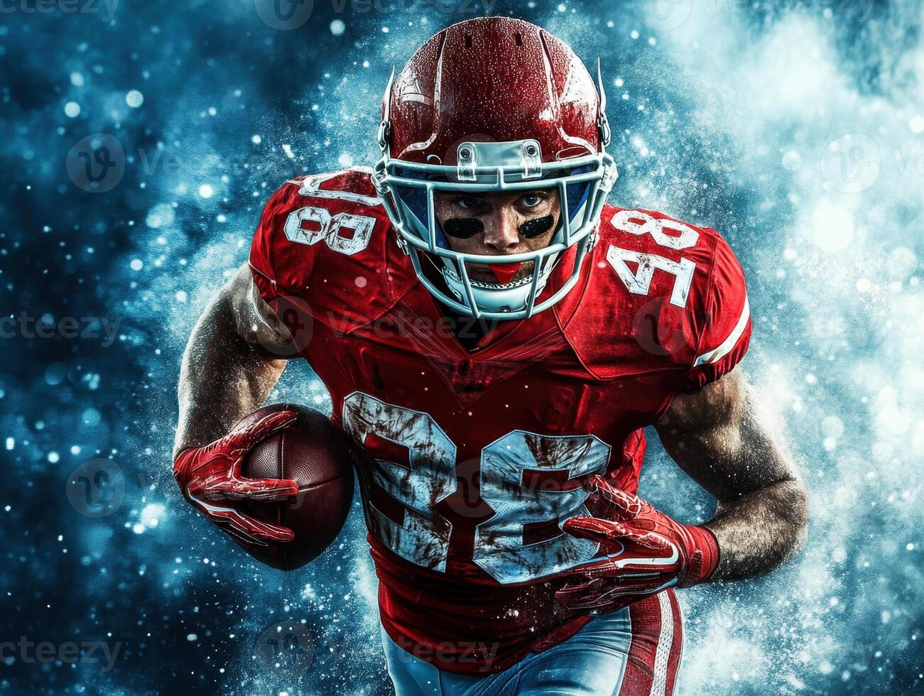Dynamic football player rushing with ball in a dramatic setting photo