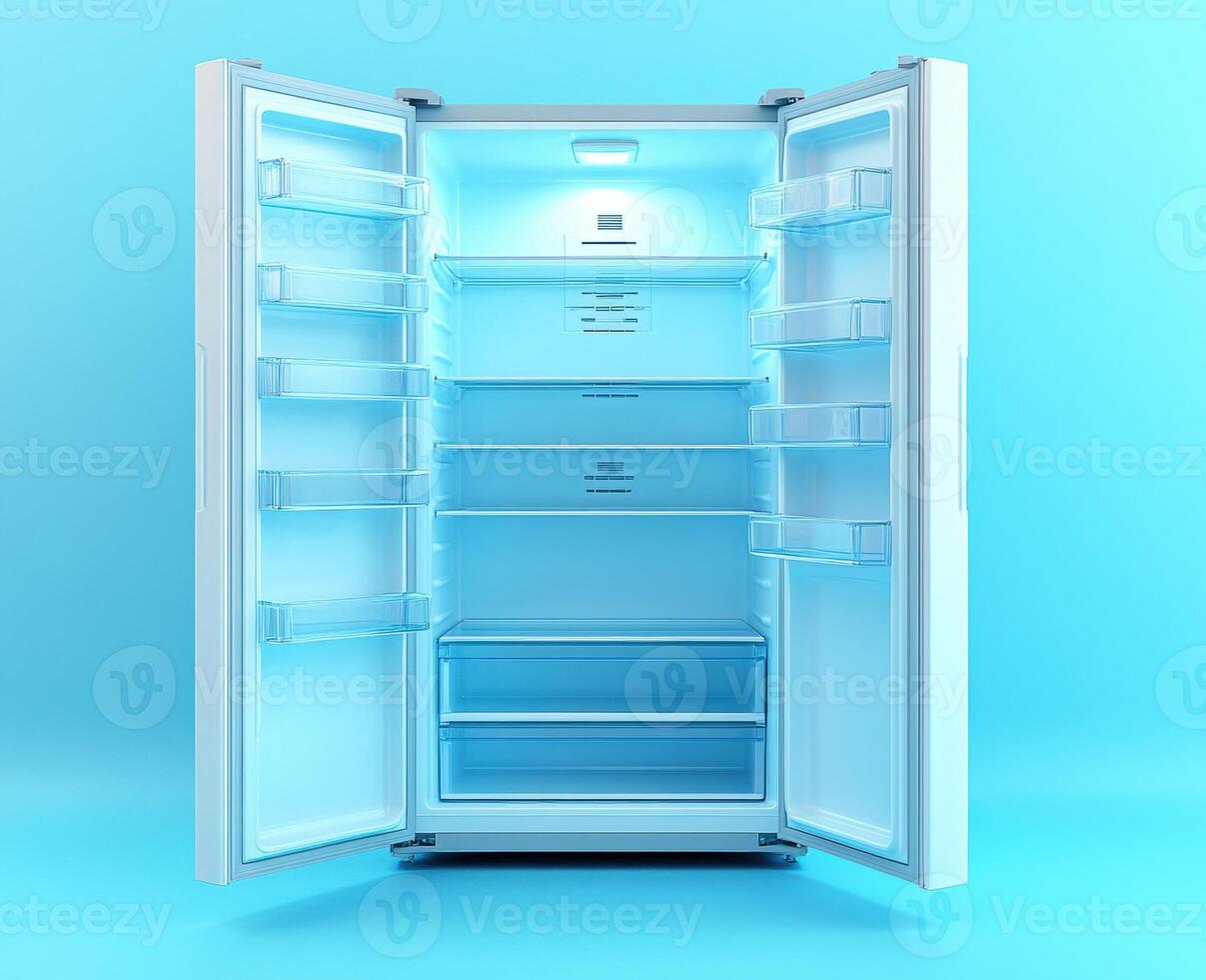 Modern refrigerator with bright interior and open doors photo