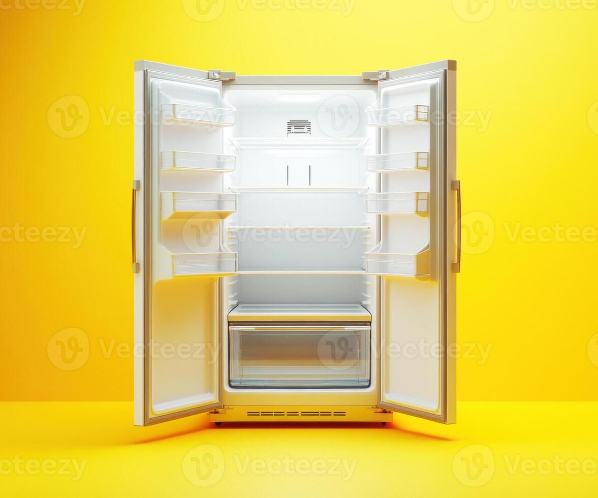Refrigerator open against a bright yellow background photo
