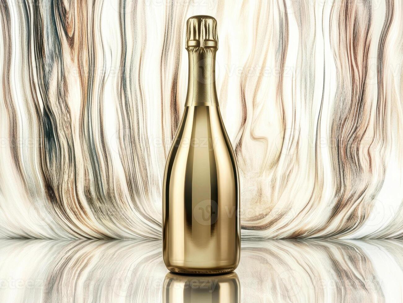 Elegant gold champagne bottle on reflective abstract surface photo