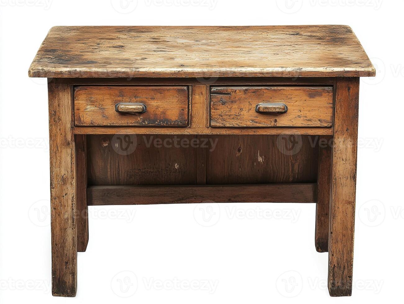 Rustic wooden table with two drawers on a plain backdrop photo