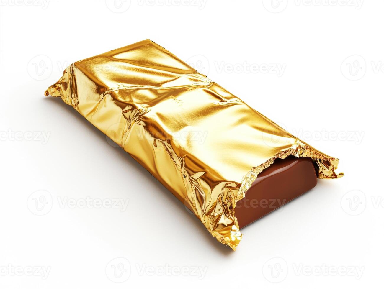 Chocolate bar wrapped in shiny gold foil on white background photo