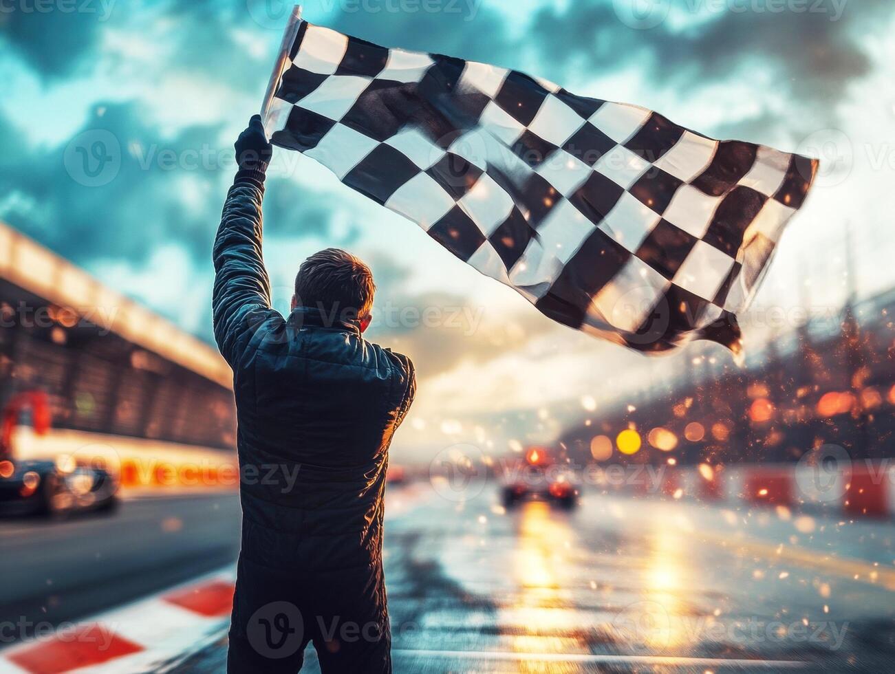 Race official waving checkered flag at sunset during race photo