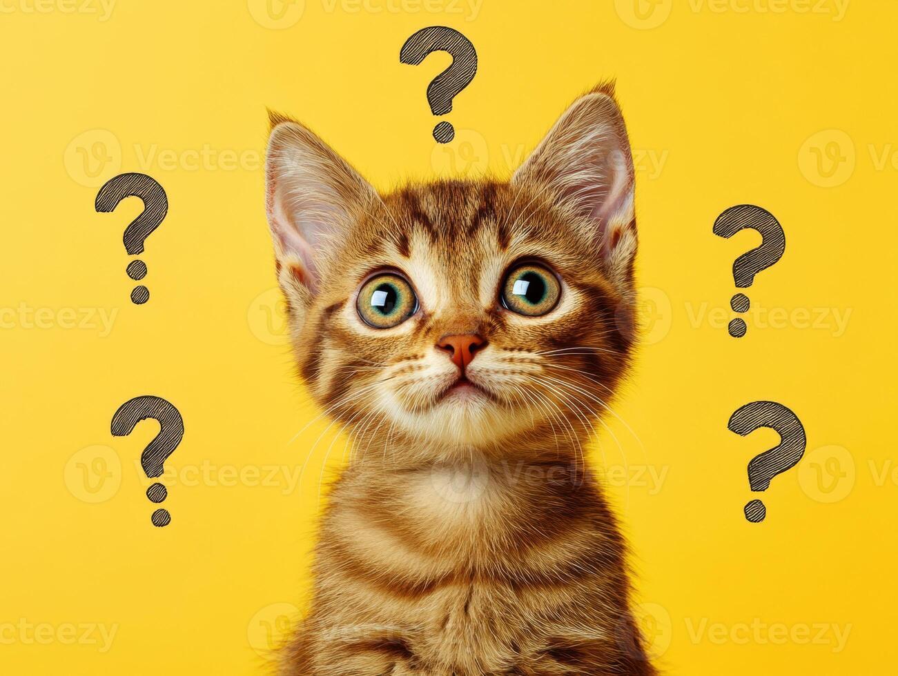 Curious kitten with vibrant expression on yellow background photo