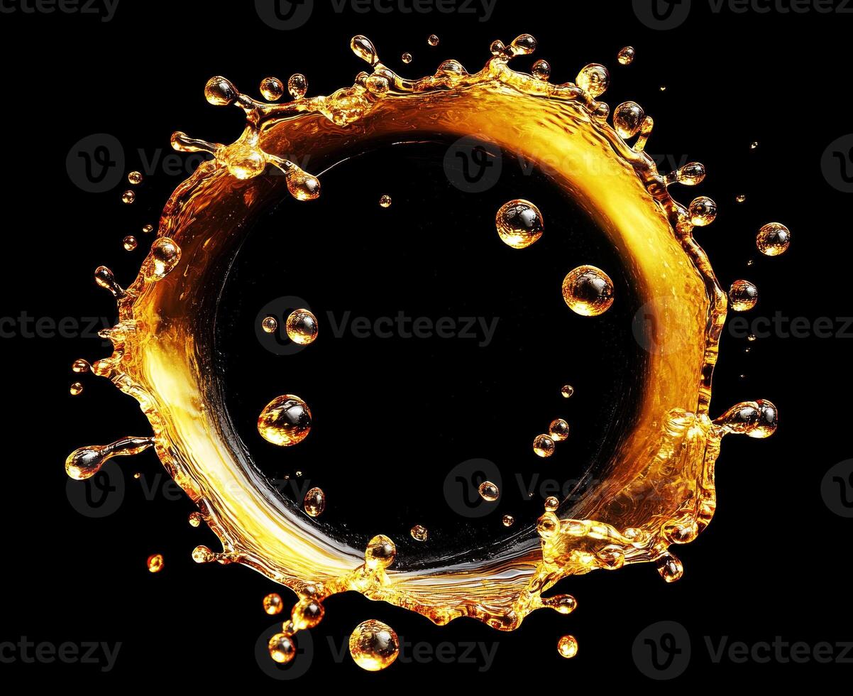 Dynamic splash of golden liquid creating a circular pattern photo