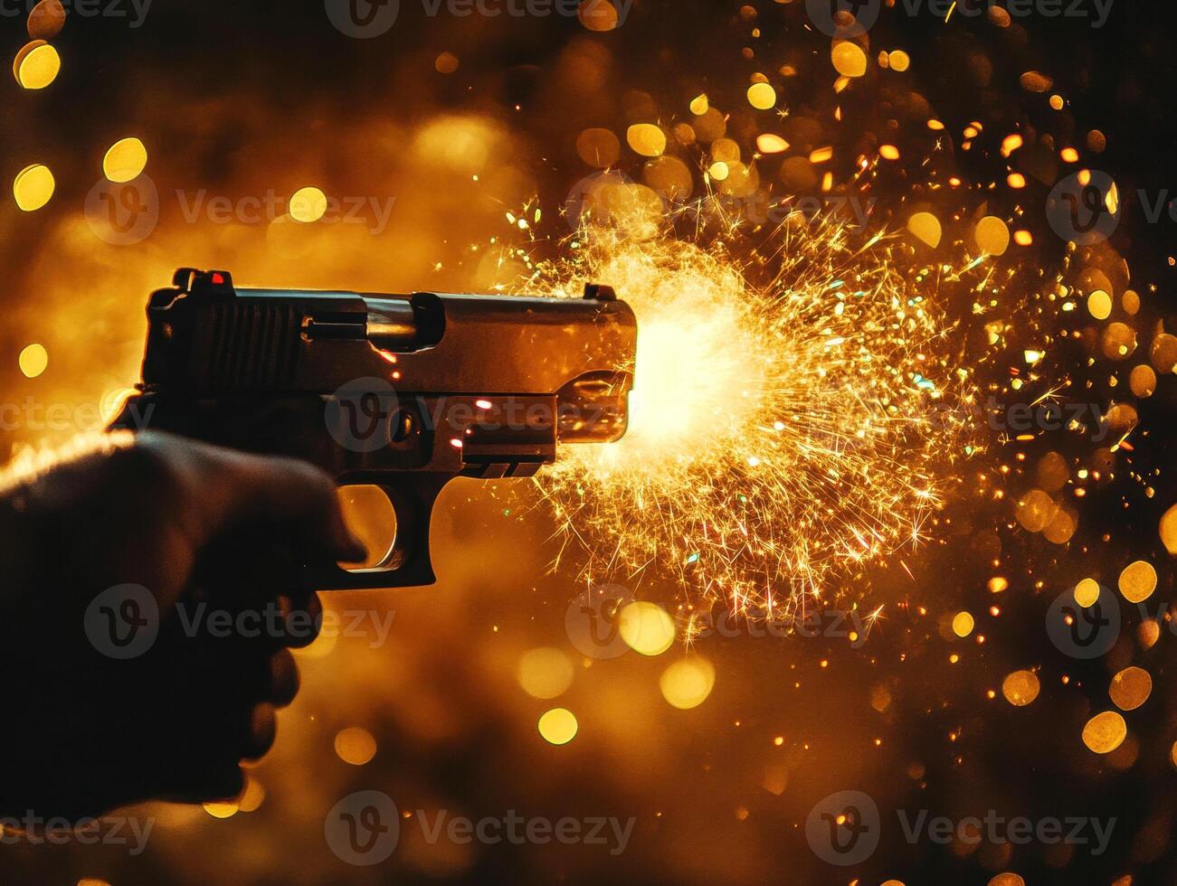 Shooting a pistol with sparks and lights on a dark background photo