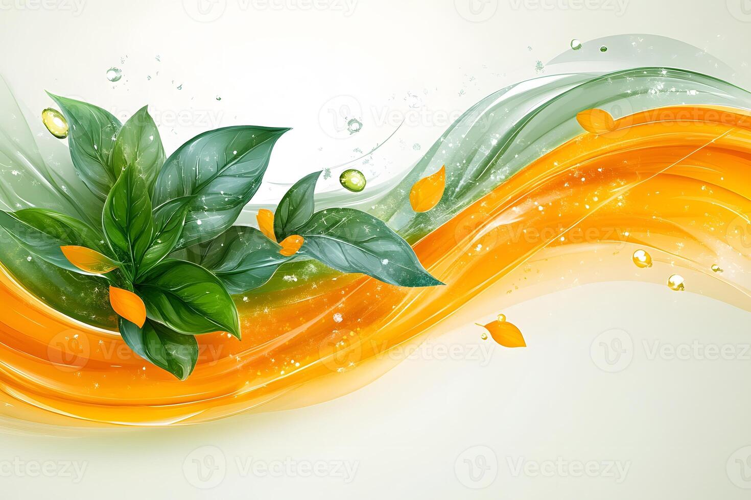 Nature-Inspired Abstract Design with Green Leaves and Orange Swirls for Creative Projects photo