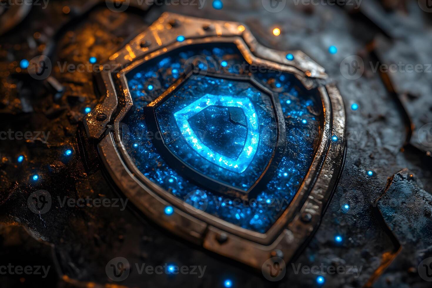 Futuristic Glowing Shield Emblem with Neon Blue Lights - Cybersecurity Design Concept photo