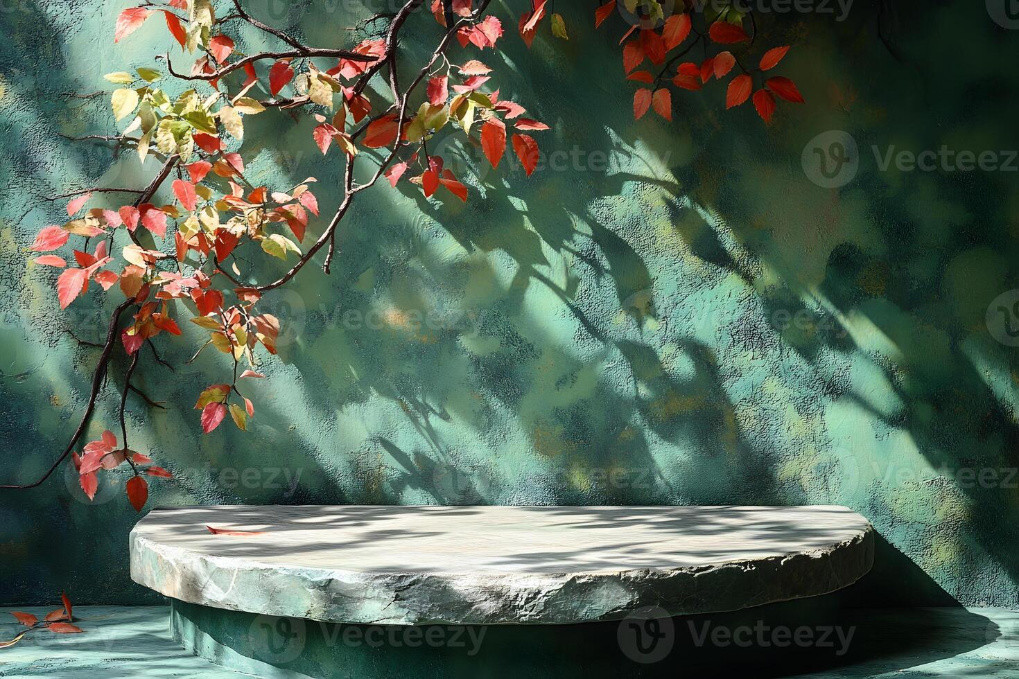 Autumn Foliage on Rustic Stone Table in Sunlit Garden Scene photo