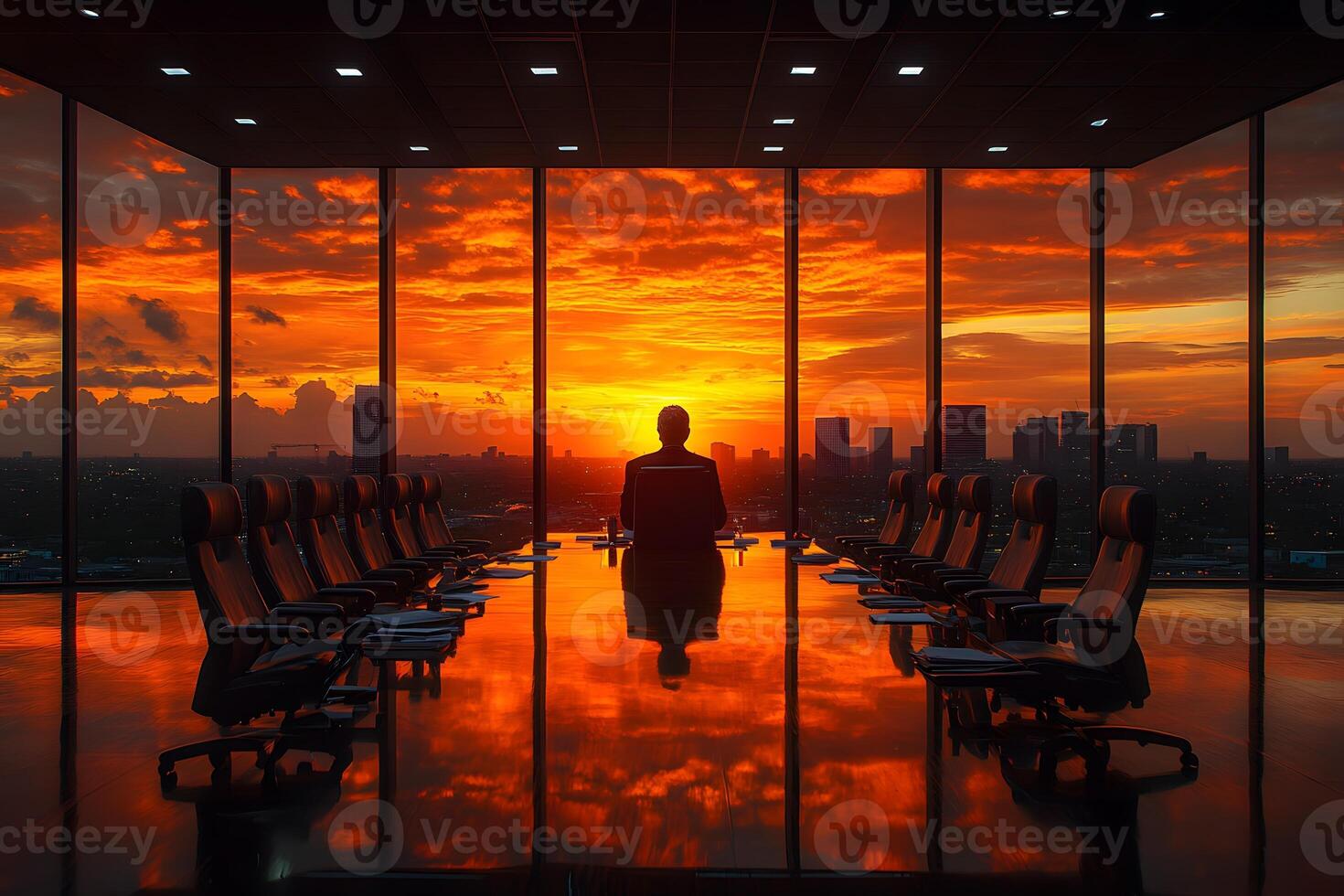 Silhouette of a Business Leader Overlooking Cityscape at Vibrant Sunset - Motivational and Corporate Concept photo