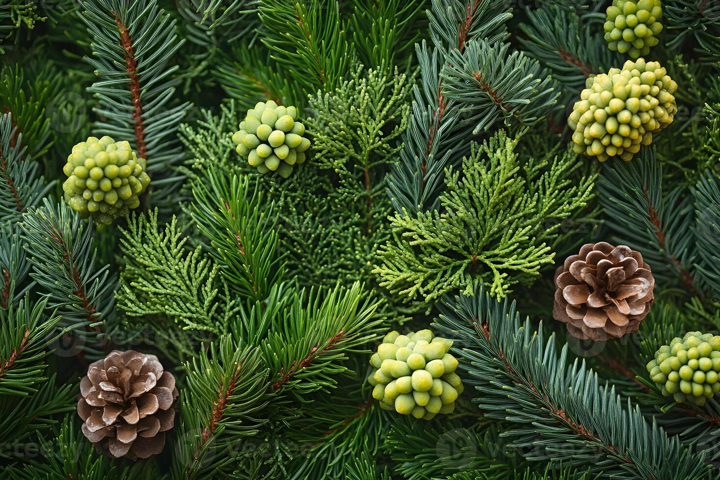 Evergreen Holiday Background with Pine Cones and Greenery for Winter Design photo