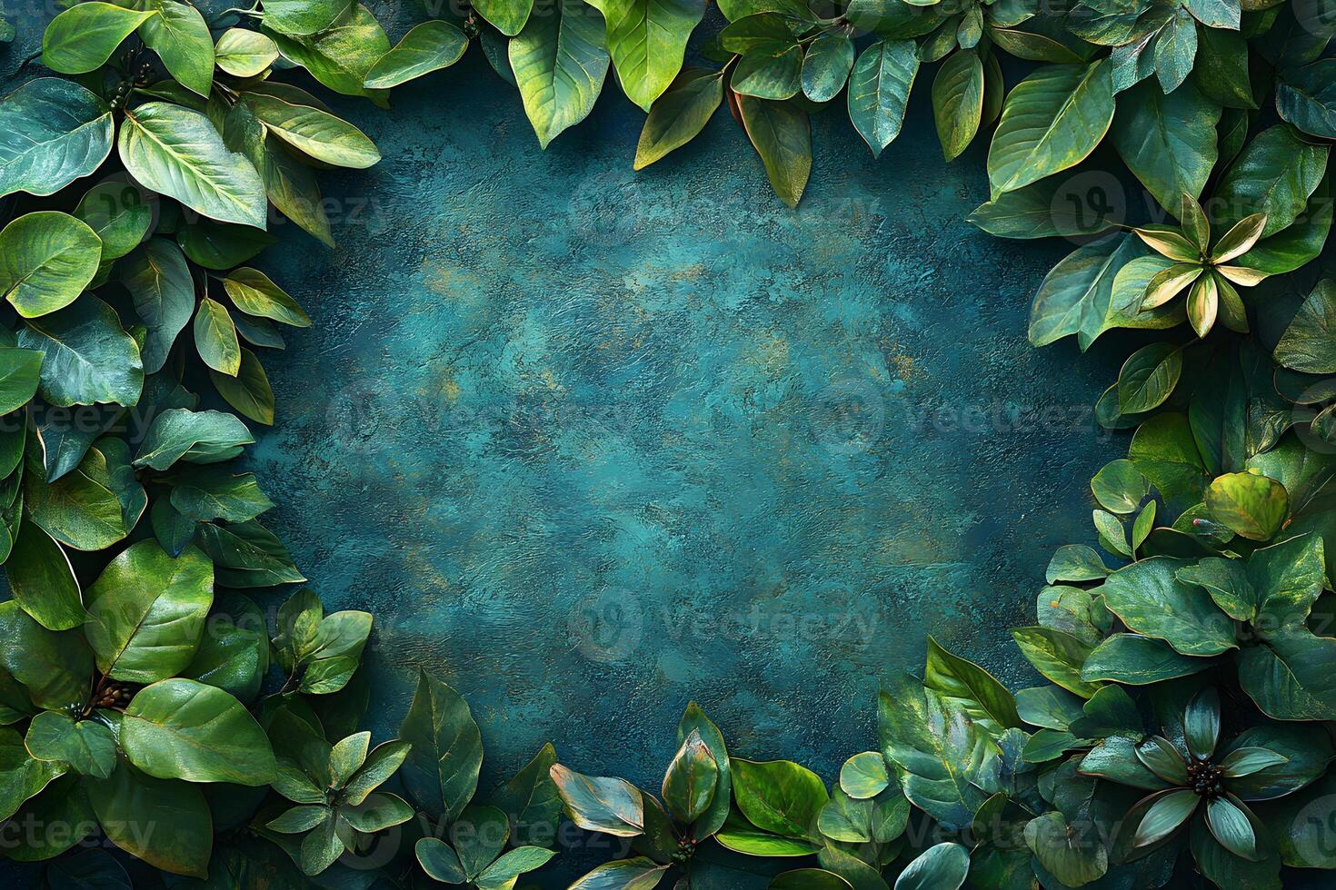 Lush Green Leaves on Teal Texture Background for Natural Design Projects photo