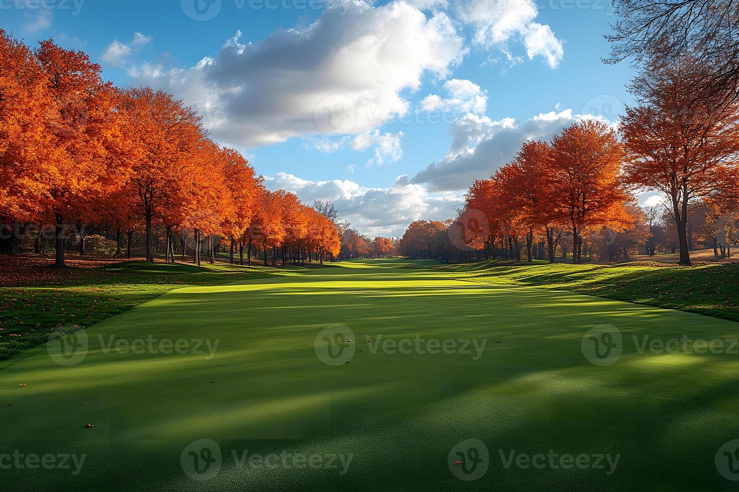 Autumn Landscape with Lush Green Golf Course and Vibrant Foliage for Nature-Themed Prints photo