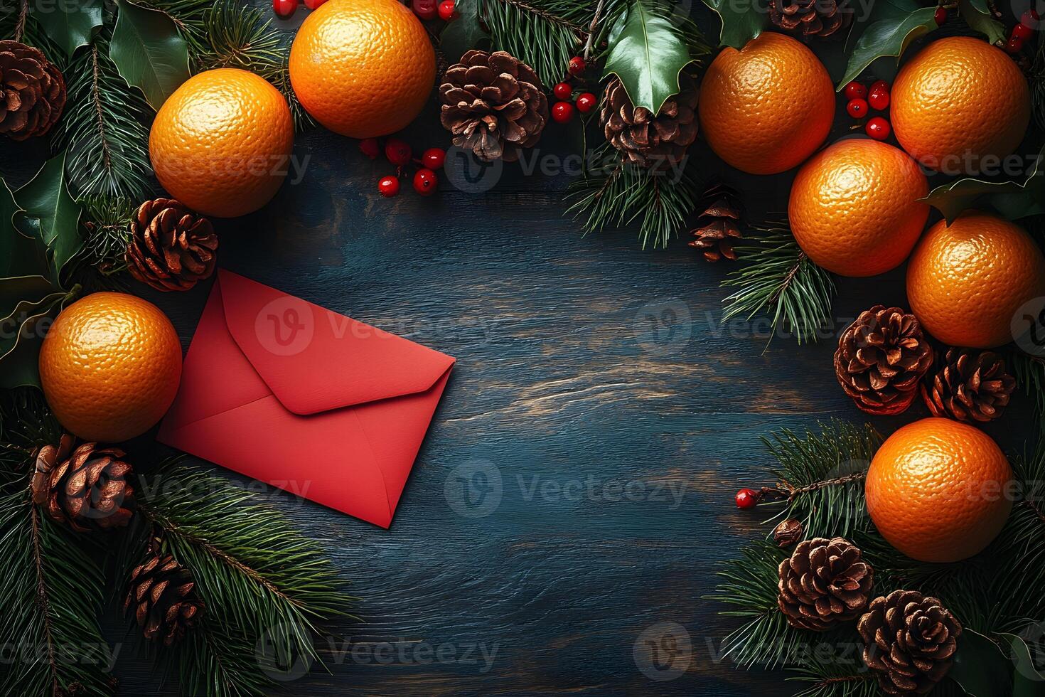 Festive Holiday Greeting Card Design with Oranges, Pinecones, and Red Envelope photo