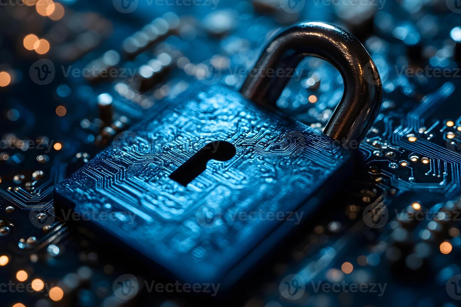 Cybersecurity Concept with Padlock on Circuit Board for Data Protection Design photo