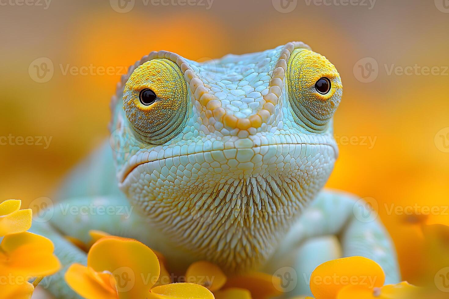 Colorful Chameleon on Bright Yellow Flowers for Nature Photography and Design photo