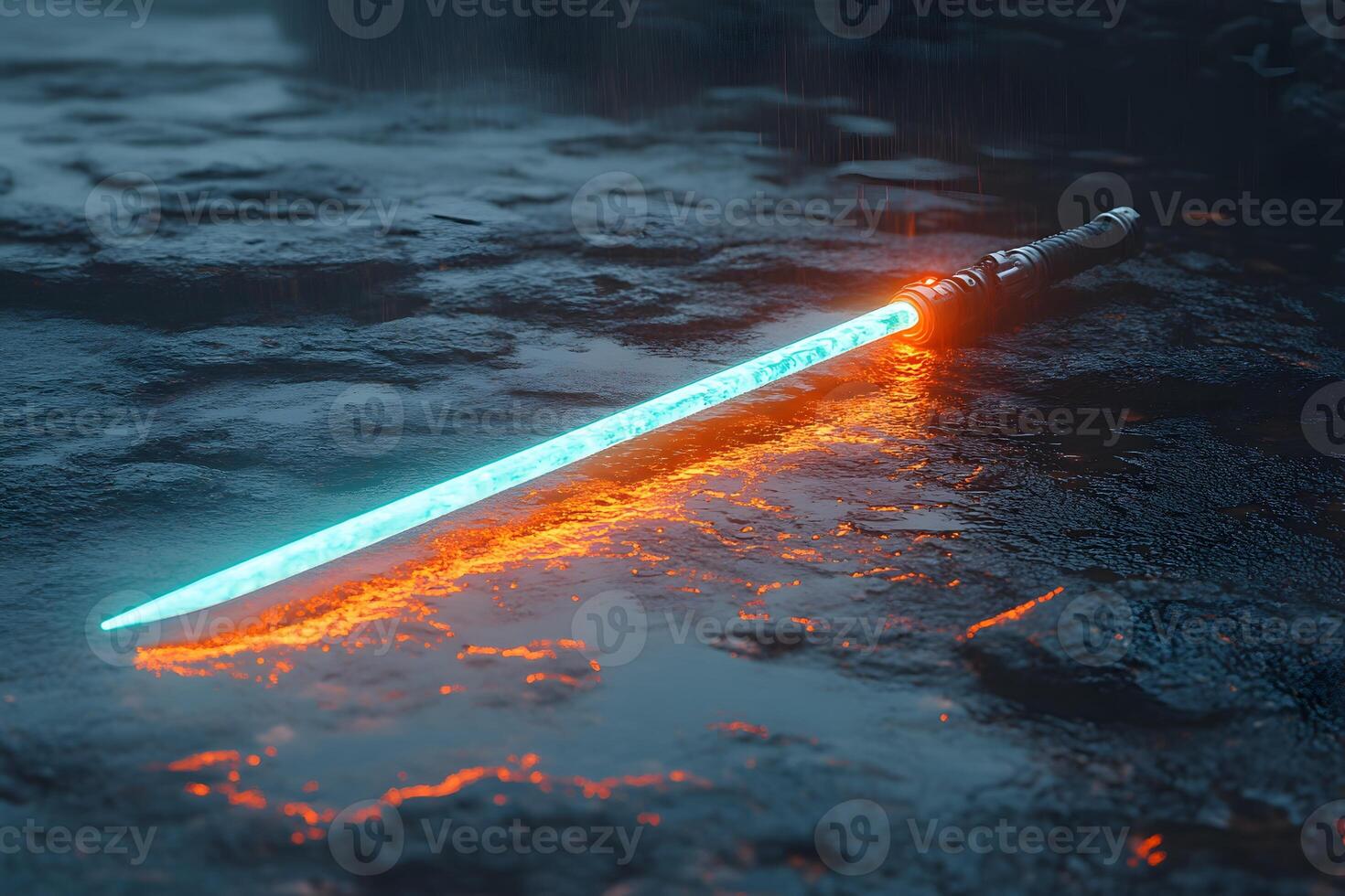 Futuristic Glowing Sword on Wet Surface - Concept Art for Fantasy or Sci-Fi Design photo