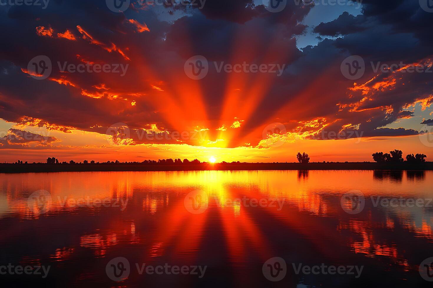 Stunning Sunset Reflections on Tranquil Lake with Vibrant Orange Skies photo