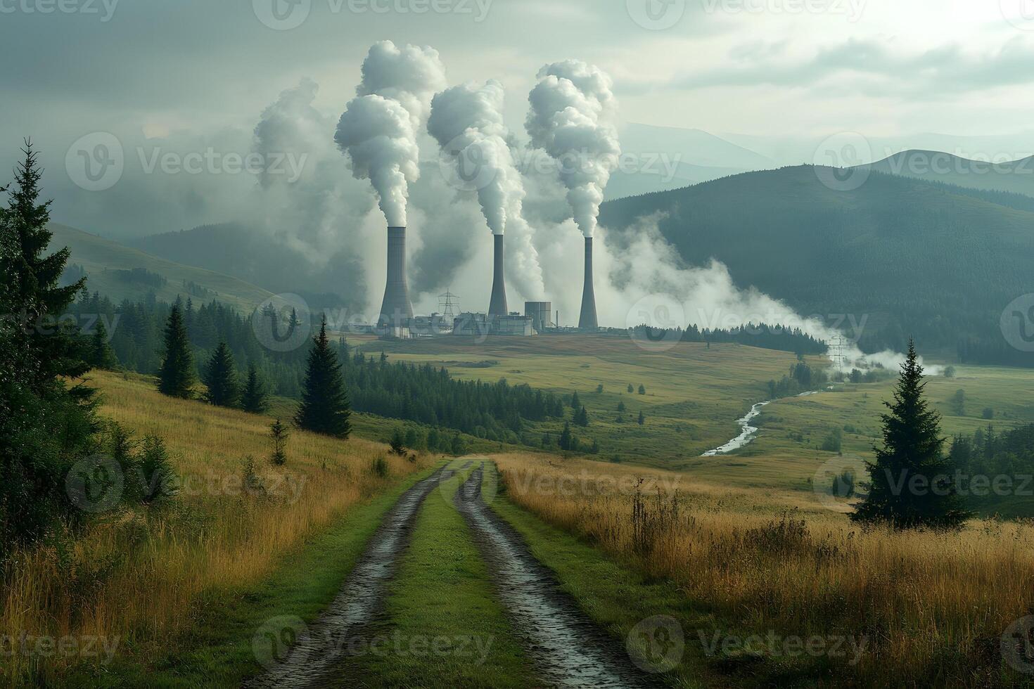 Environmental Impact of Power Plant Emissions in Scenic Mountain Landscape photo