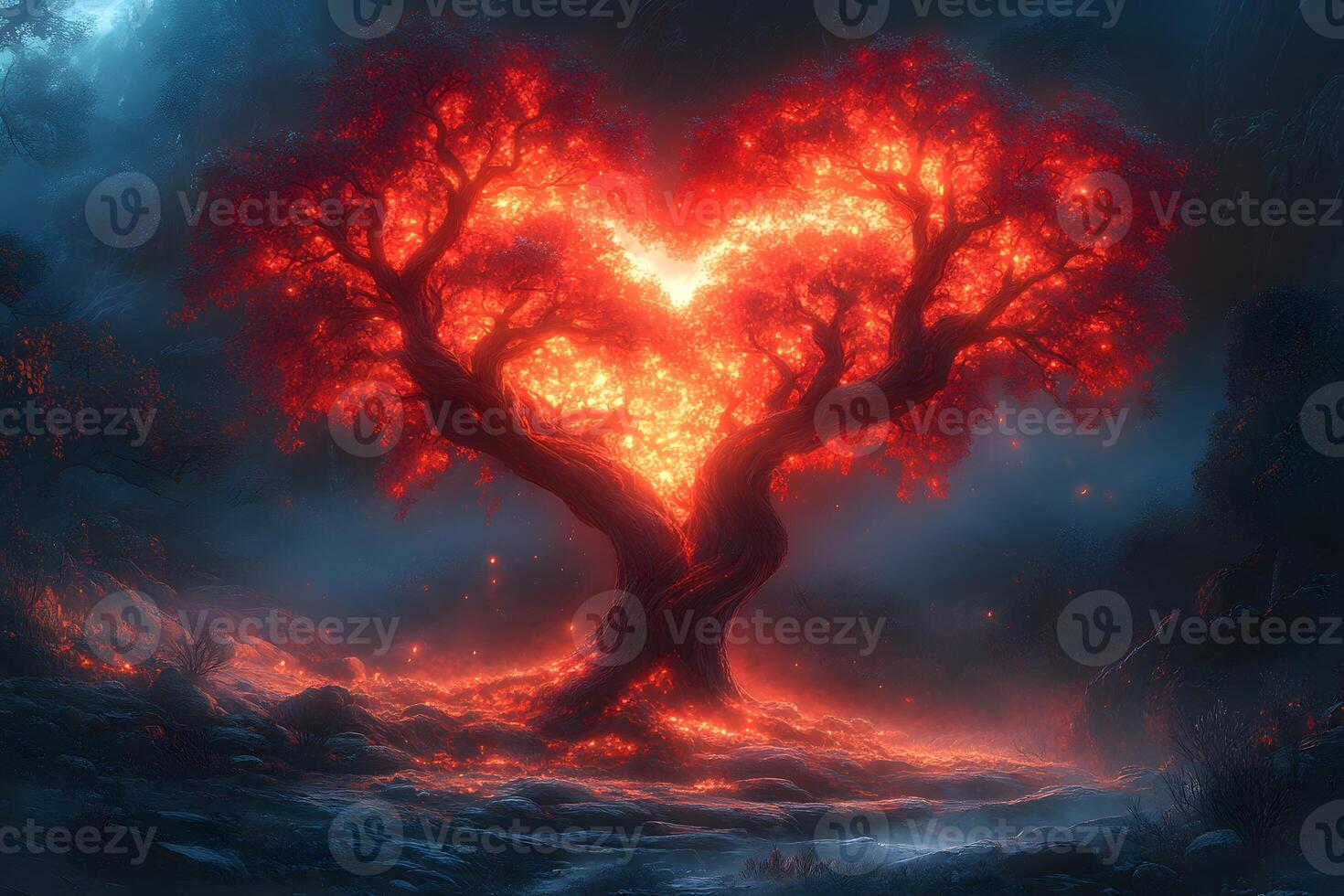 Enchanted Heart-Shaped Tree Illuminated with Fiery Glow in Mystical Forest photo