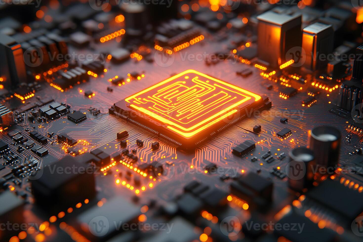 Futuristic Circuit Board with Glowing Microchip for Technology and Innovation Visualization photo