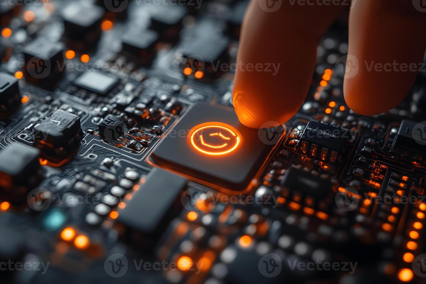 Futuristic Technology Concept Glowing Circuit Board with Smile Icon Button photo