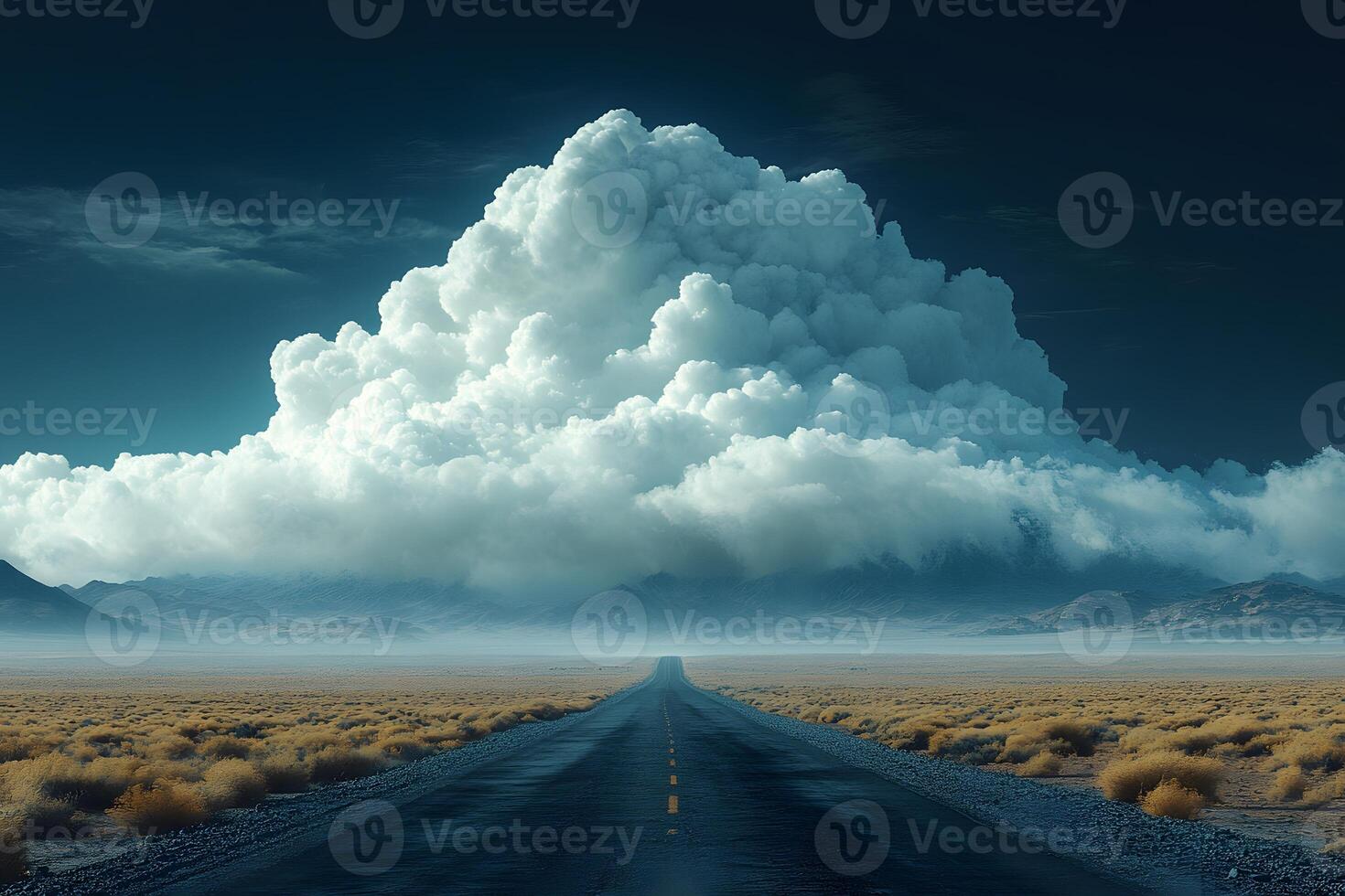 Dramatic Desert Highway with Majestic Cloudscape for Travel and Adventure Themes photo