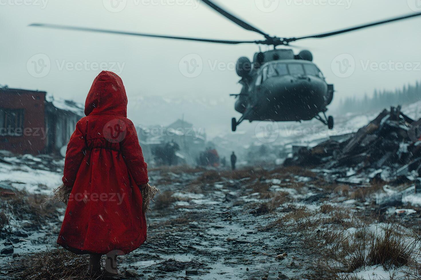 Child in Red Coat Observing Helicopter Landing in Snowy Rural Landscape photo