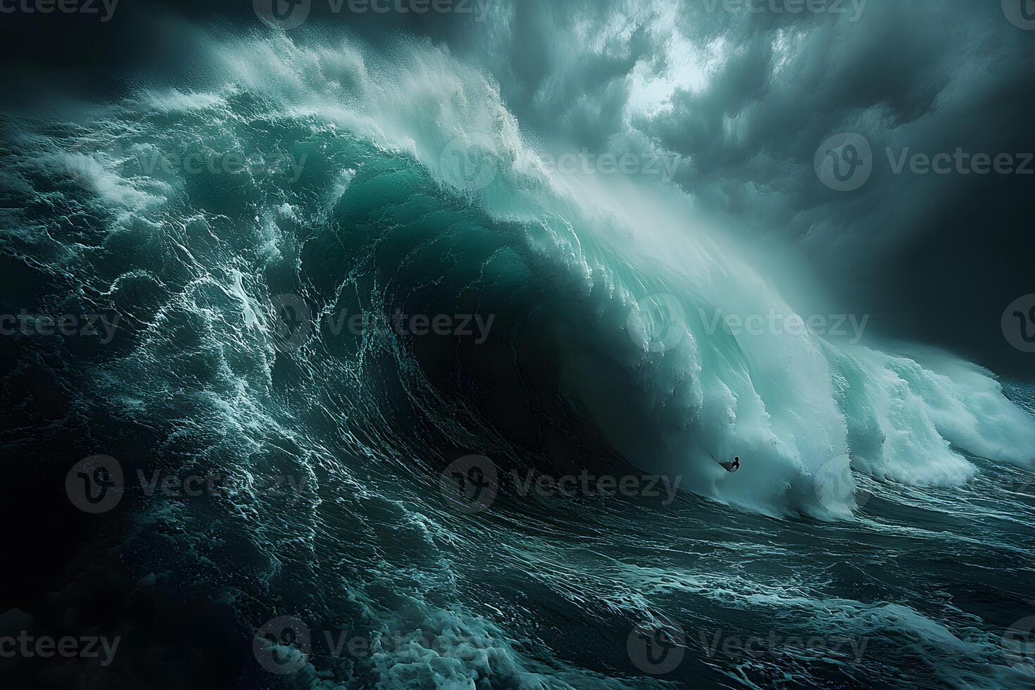 Massive Ocean Wave with Surfer Under Stormy Skies - Adventure and Thrill Concept photo