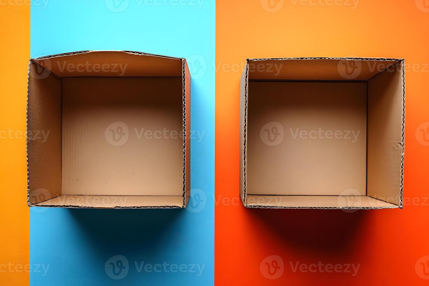 Contrasting Cardboard Boxes on Vibrant Split Background for Artistic Design photo