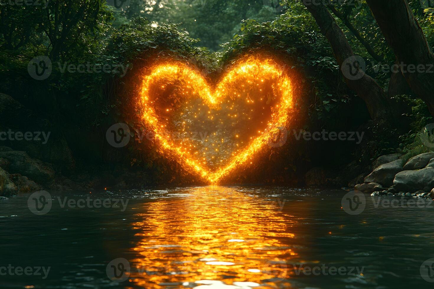Glowing Heart Shape in Forest Setting with Reflective Water Surface for Romance Themes photo