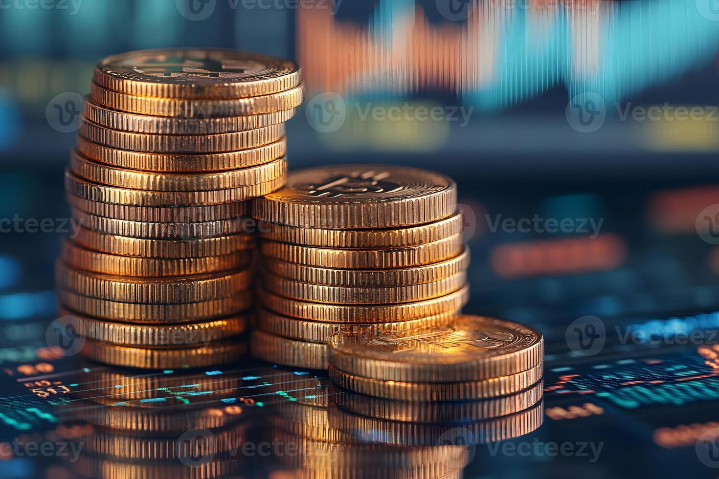 Economic Growth Concept with Stacked Coins and Financial Data Visualization for Investment Insights photo