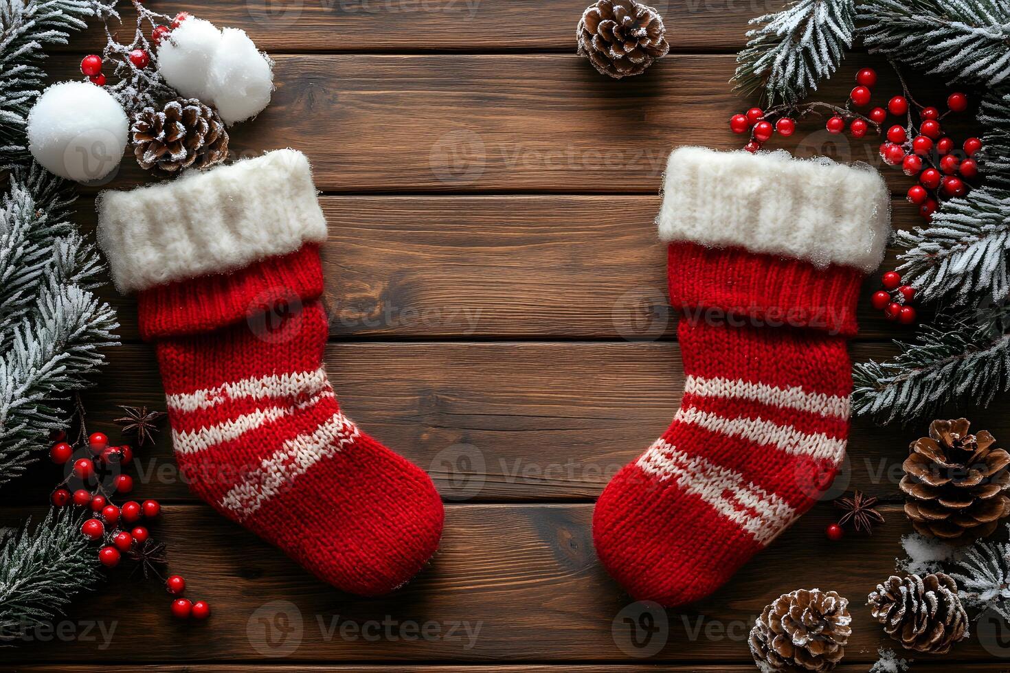 Festive Christmas Stockings for Traditional Holiday Decor and Seasonal Card Design photo