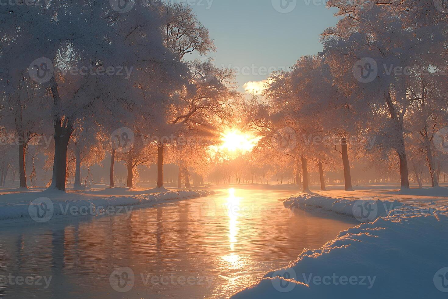 Winter Sunrise Over Snow-Covered River in Serene Forest Setting photo